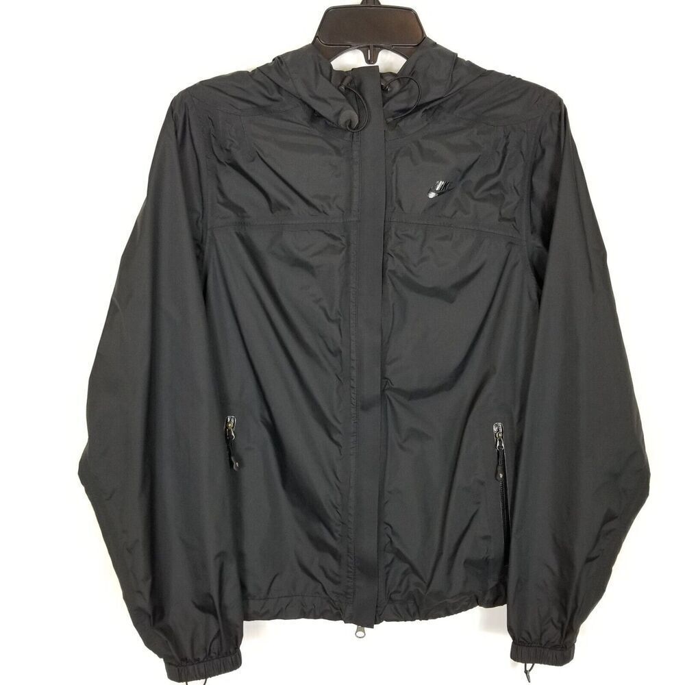 Nike Women Running Windbreaker Rain Jacket Sz S Black‎ Hooded Zip Up Athletic